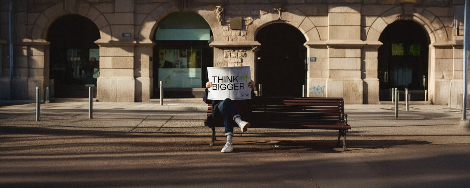 Persona sentada en un banco frente a un edificio de arcos, sosteniendo un cartel que dice «Think bigger»